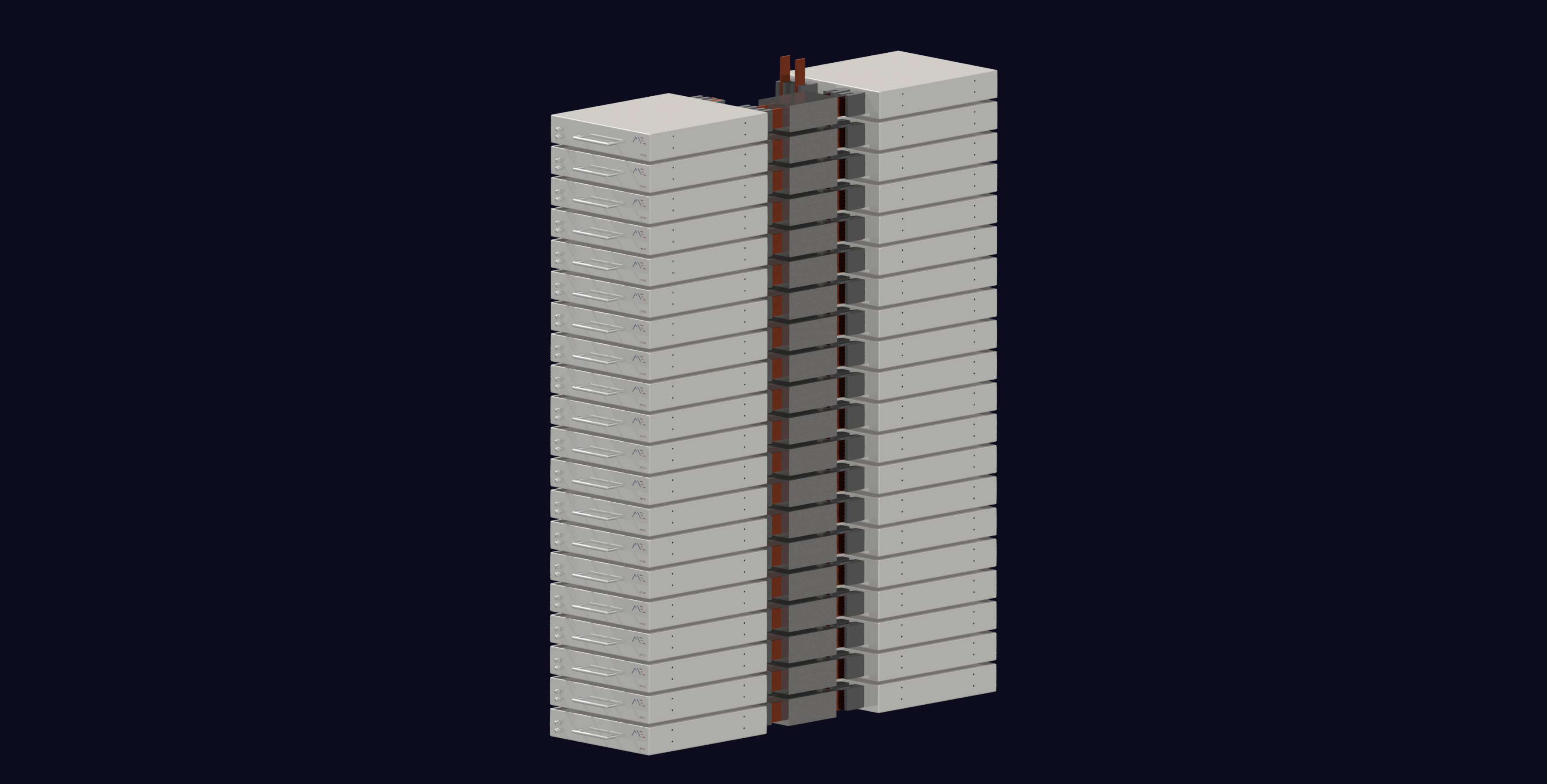 Twenty MEC80 modules stacked in a column on shared busbars, forming a 1.6 MVA rack